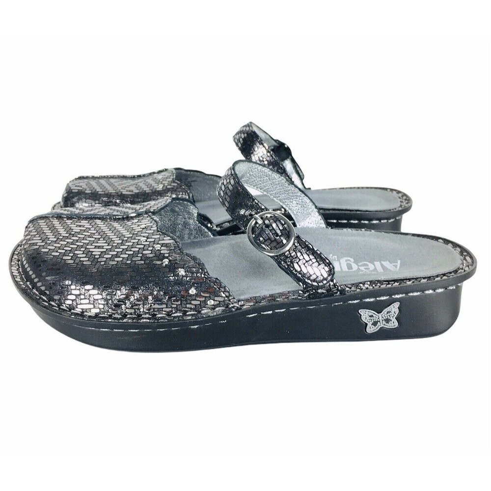 Alegria Metallic Silver Black Leather Mary Jane Slide Tuscany TUS-532 Size 36